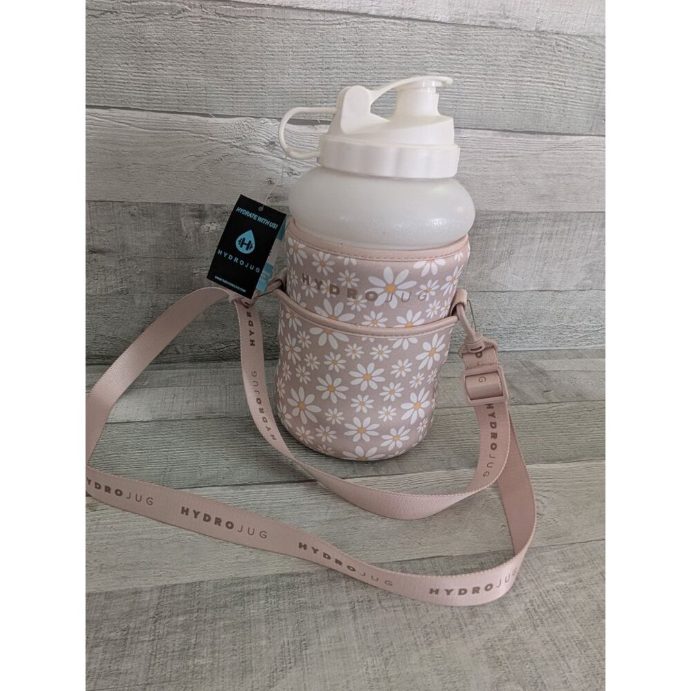 Hydrojug Water Bottle Daisy Print Sleeve Adjustable Strap 73 Oz White/Pink New